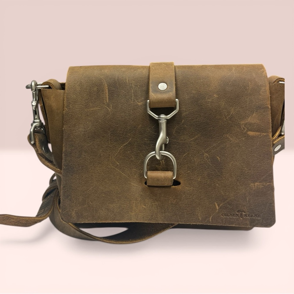 Colsen Keane Vintage-Style Brown Leather Crossbody with Metal Hook Detail - Picture 2 of 8
